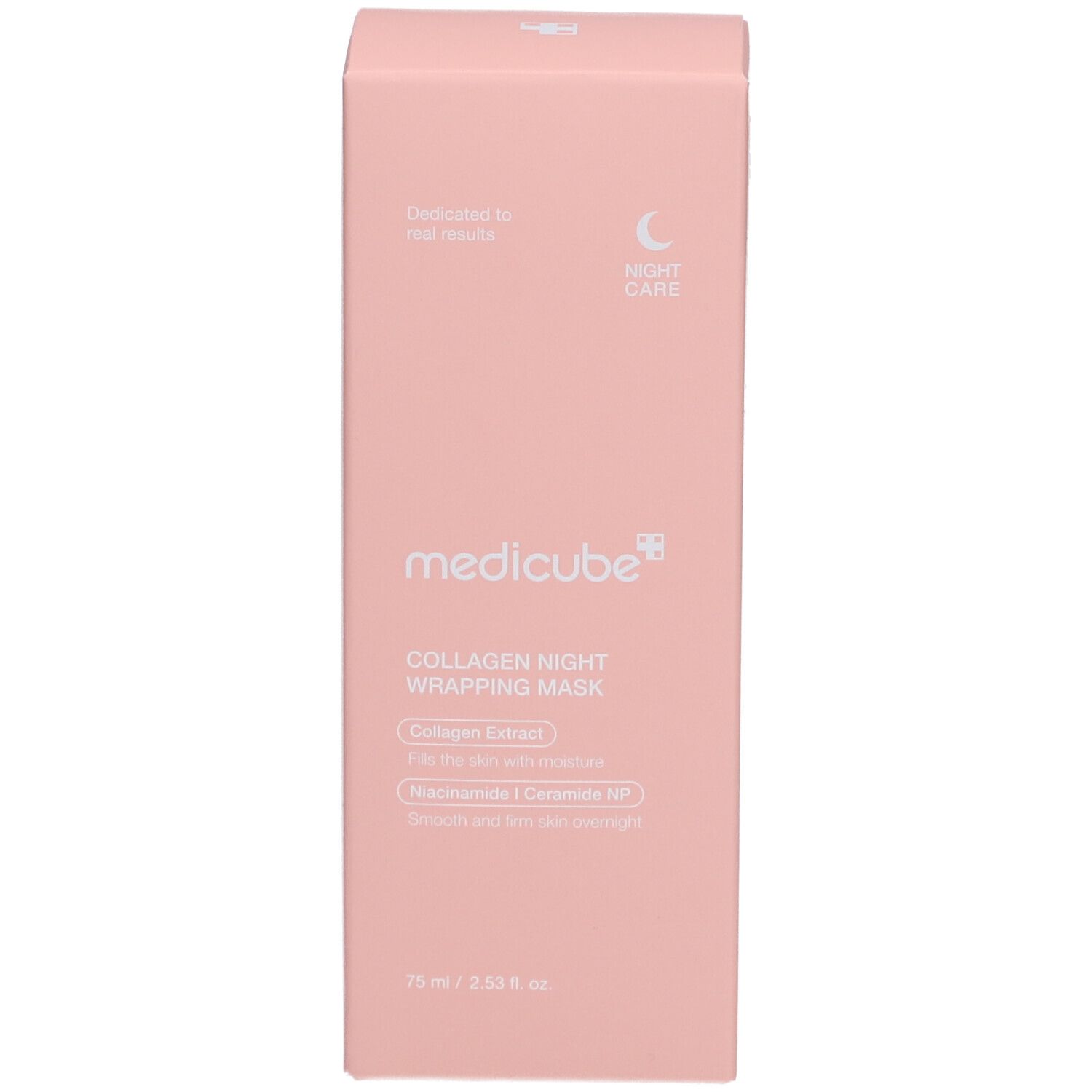 Confezione rosa. Marchio: medicube+. Nome prodotto: Collagen Night Wrapping Mask. Informazioni stampate.
