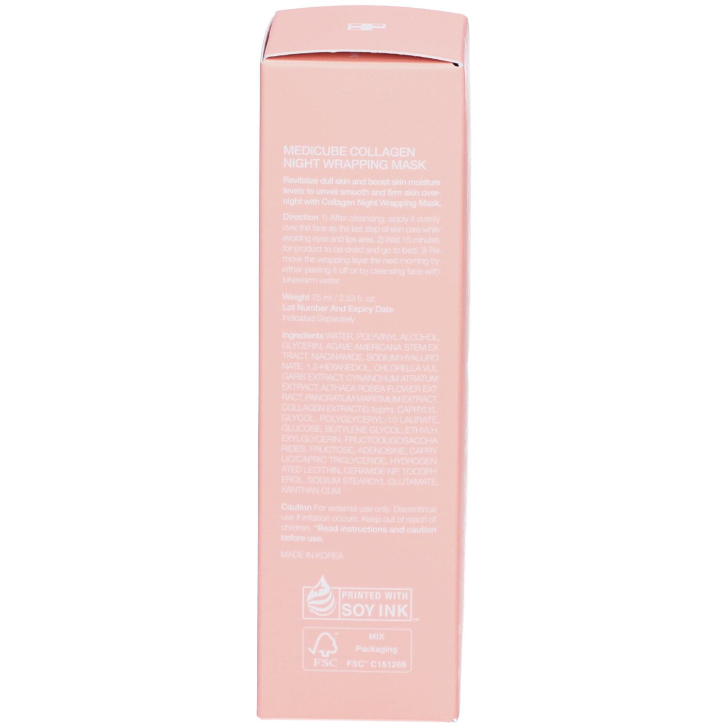Confezione rosa. Informazioni sul prodotto e ingredienti stampati. Marchio: medicube+.