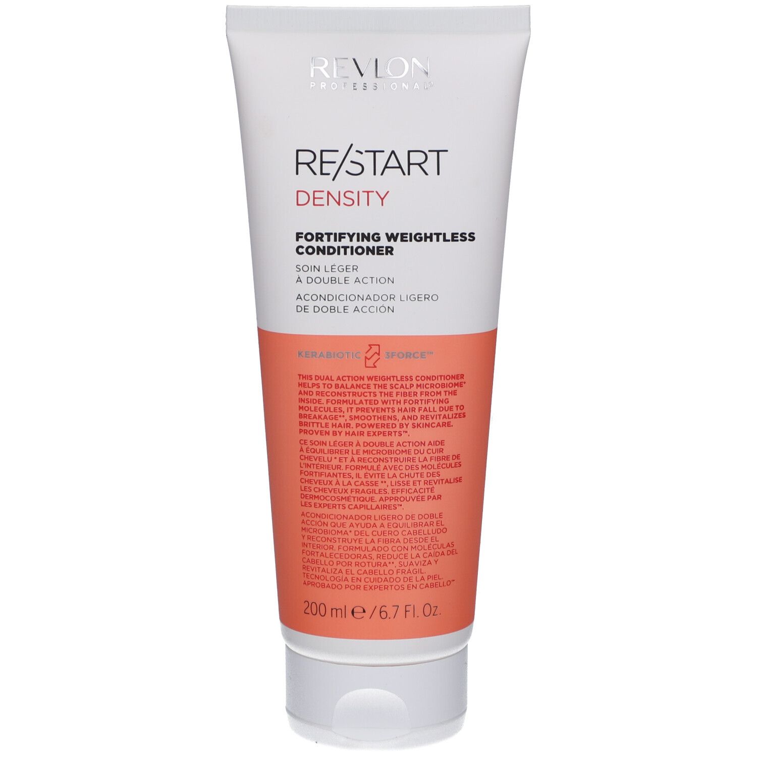 Tubo bianco Revlon Re-Start Density Conditioner. Testo: Fortifying Weightless Conditioner. Sezione arancione.