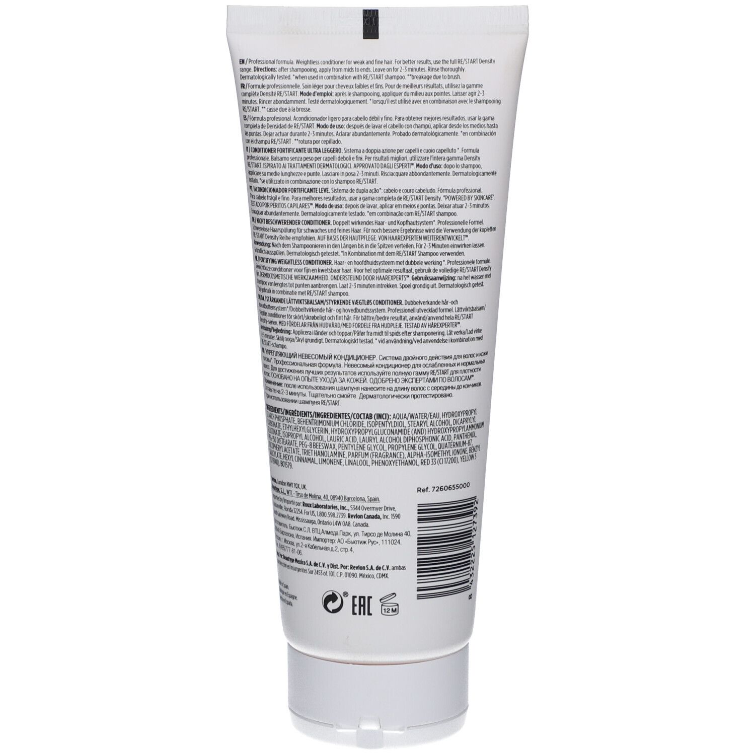 Retro del tubo bianco Revlon Re-Start Density Conditioner. Testo e codice a barre. Sfondo grigio.