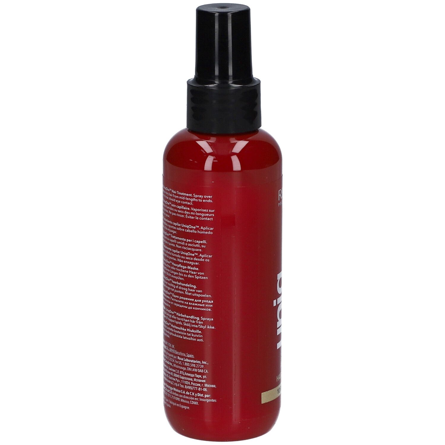 Flacone rosso con vaporizzatore nero. Retro con testo. Revlon Professional Uniq One Hair Treatment.