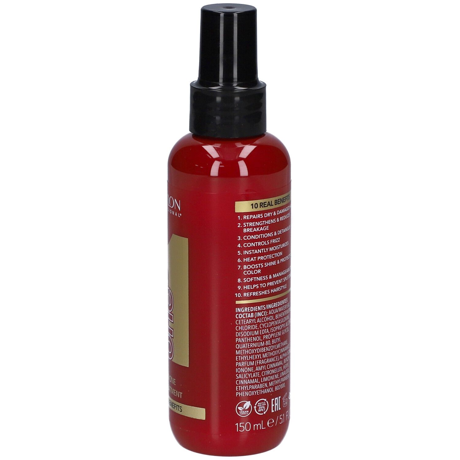 Flacone rosso con vaporizzatore nero. Retro con testo. Revlon Uniq One Hair Treatment, 150 ml.