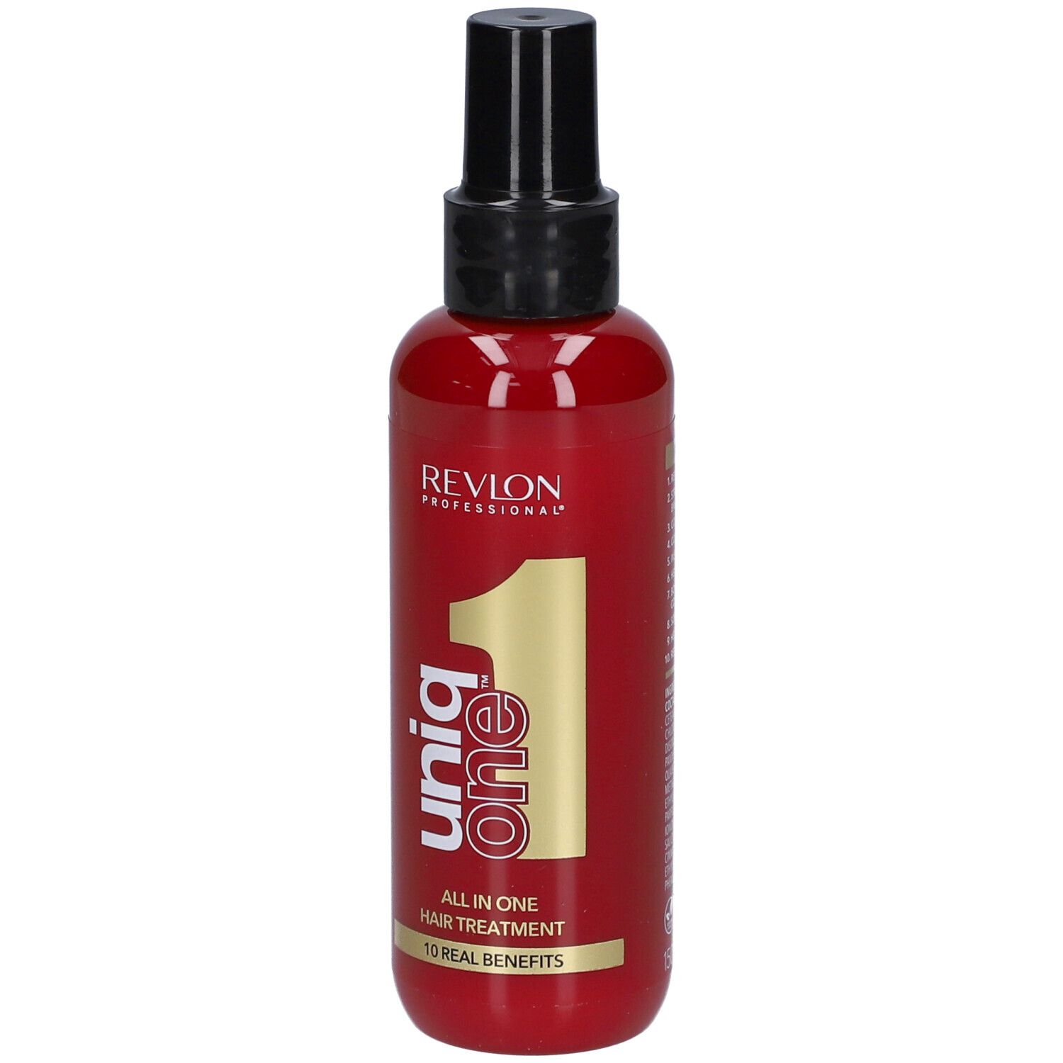 Flacone rosso con vaporizzatore nero. Scritta: Revlon Professional Uniq One, All in One Hair Treatment.