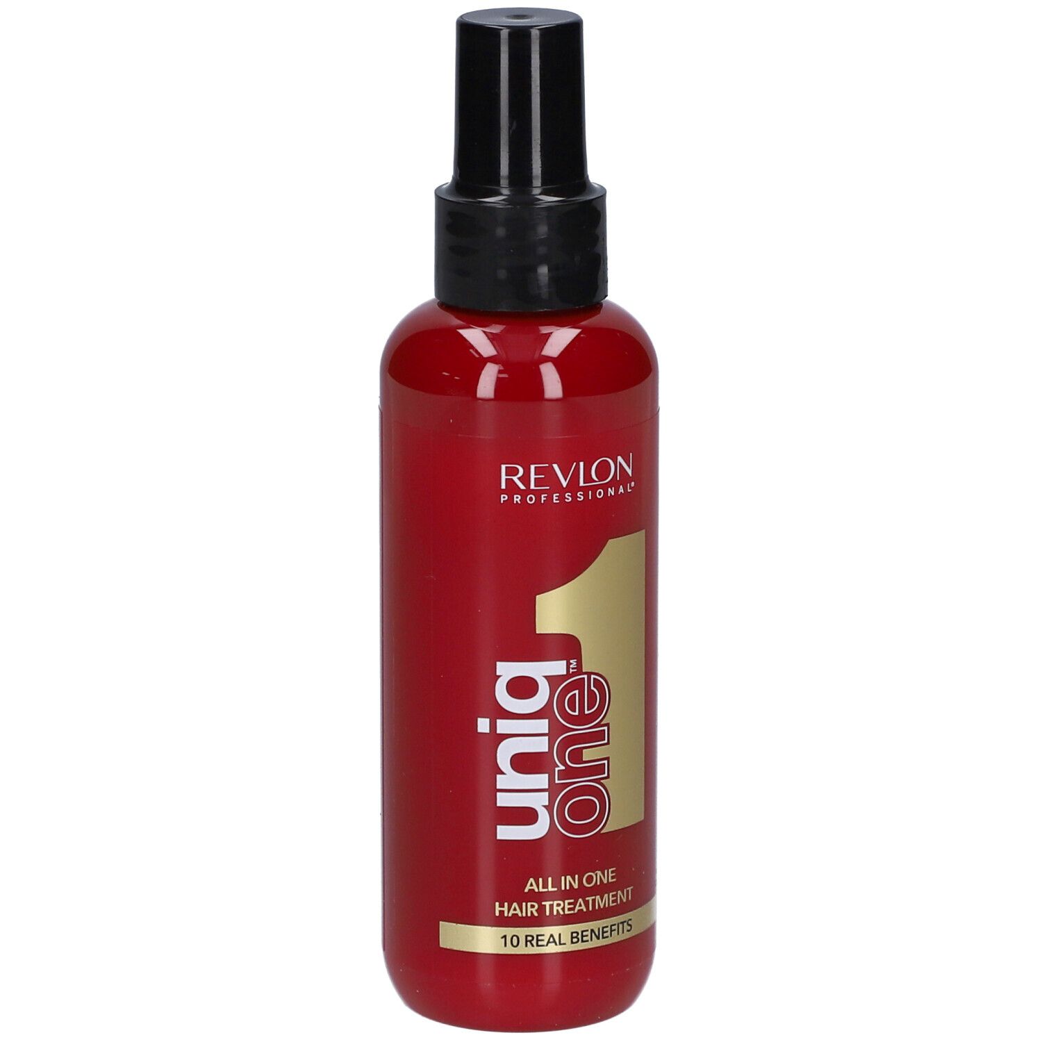 Flacone rosso con vaporizzatore nero. Scritta: Revlon Professional Uniq One, All in One Hair Treatment.