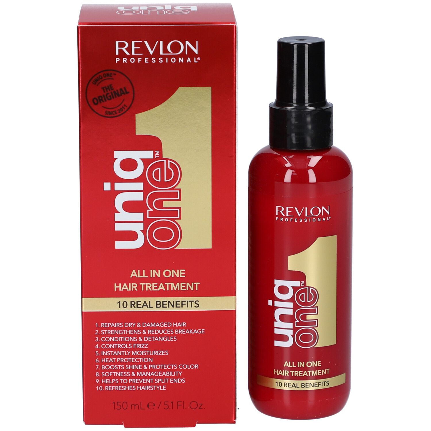 Scatola e flacone rossi. Scritta: Revlon Professional Uniq One, All in One Hair Treatment. 150 ml.