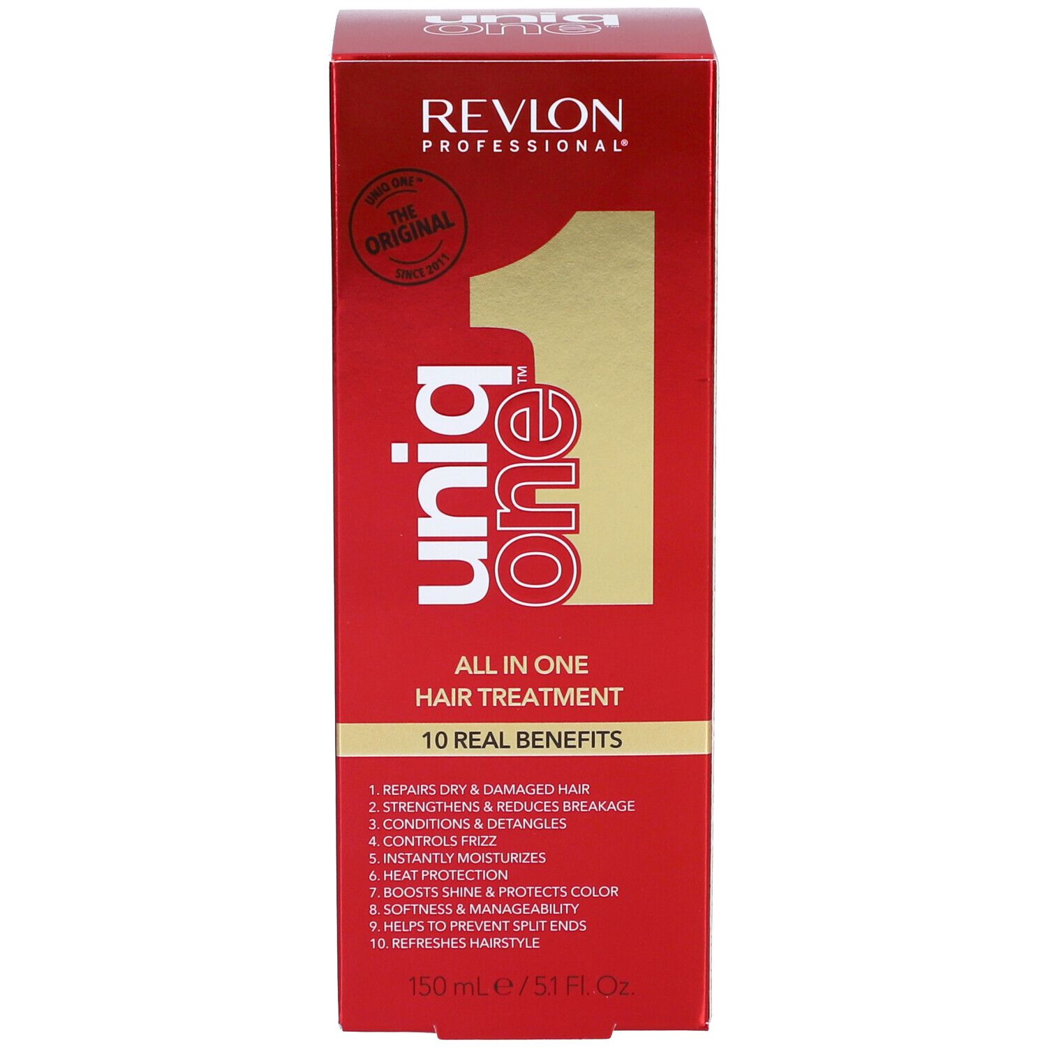 Scatola e flacone rossi. Scritta: Revlon Professional Uniq One, All in One Hair Treatment. 150 ml.