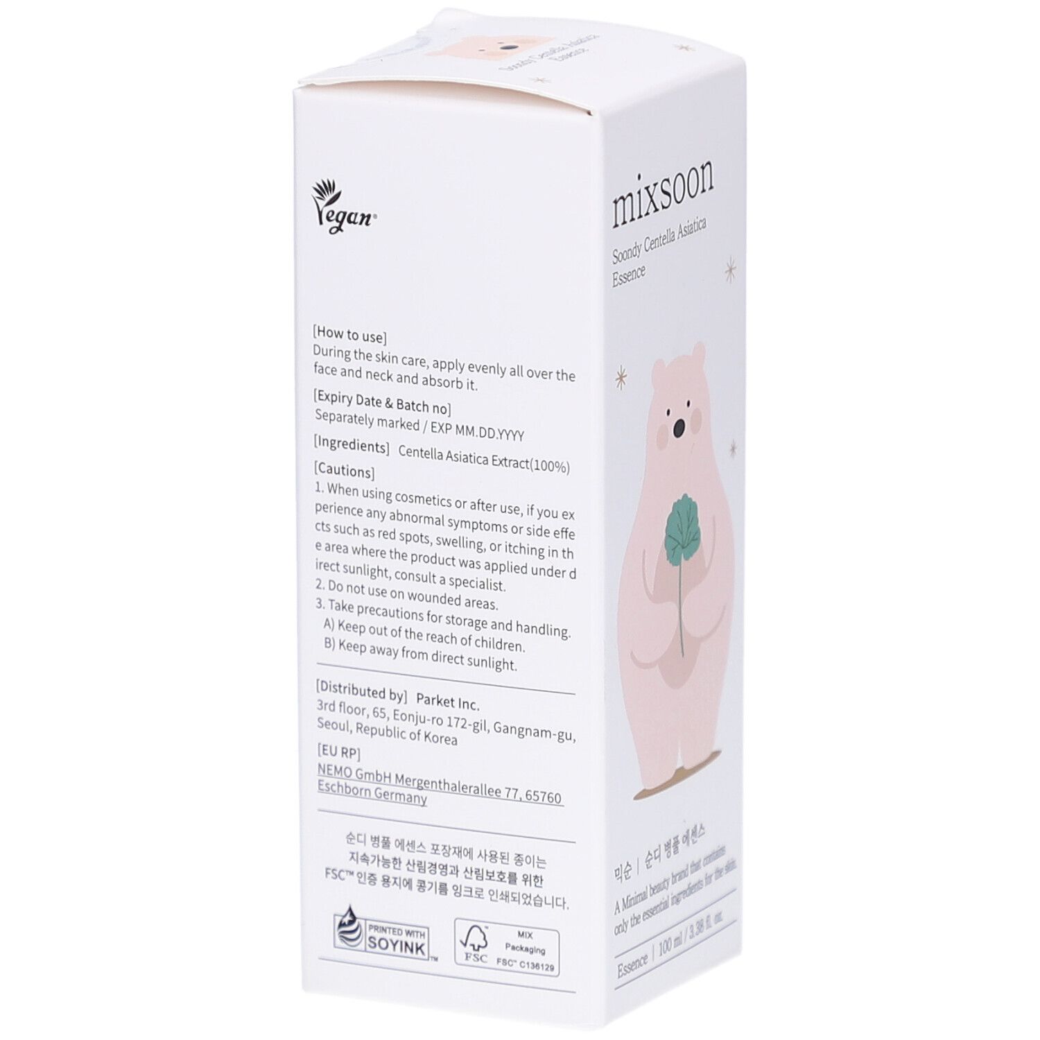 Retro della scatola bianca. Testo: mixsoon, Soondy Centella Asiatica Essence. Logo vegan. Istruzioni per l'uso.