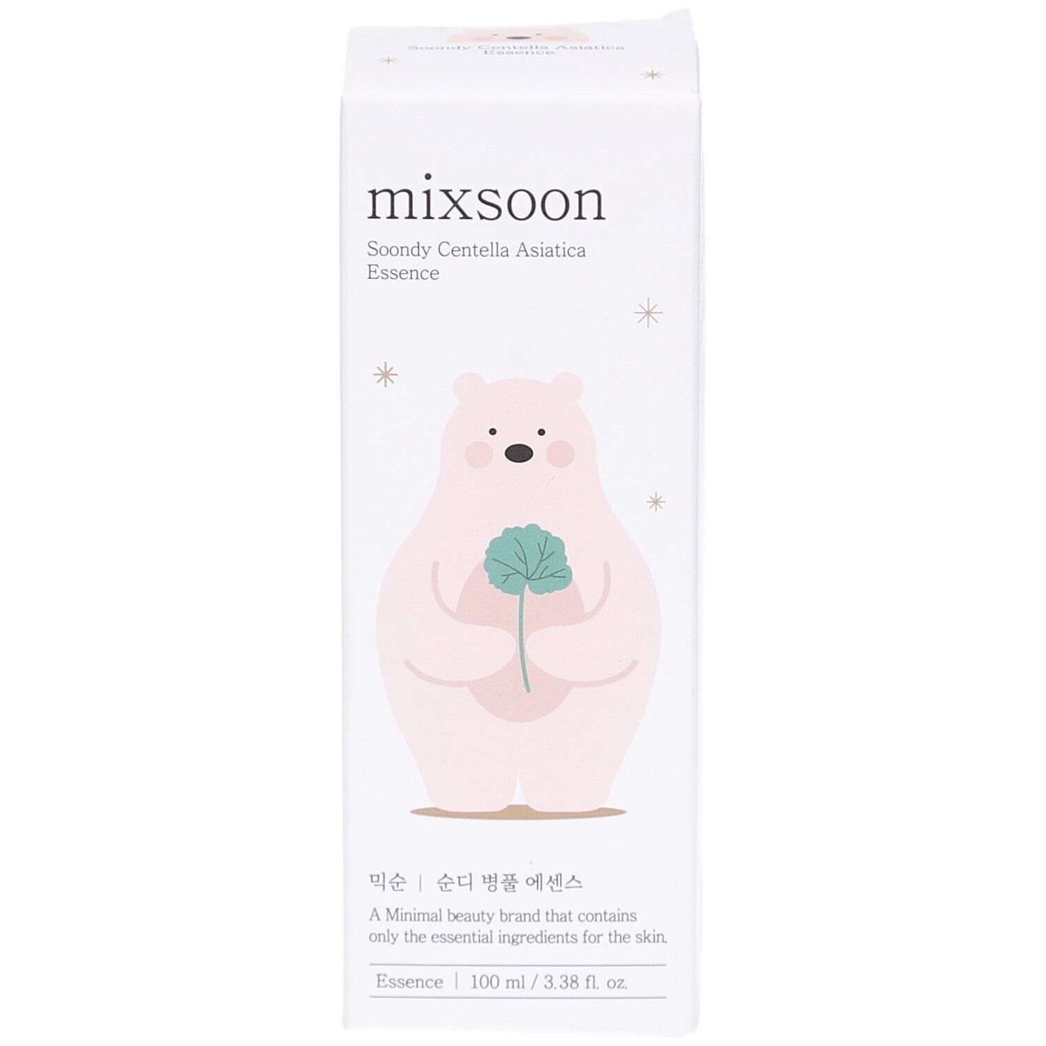 Scatola bianca con orso rosa. Testo: mixsoon, Soondy Centella Asiatica Essence. 100 ml.
