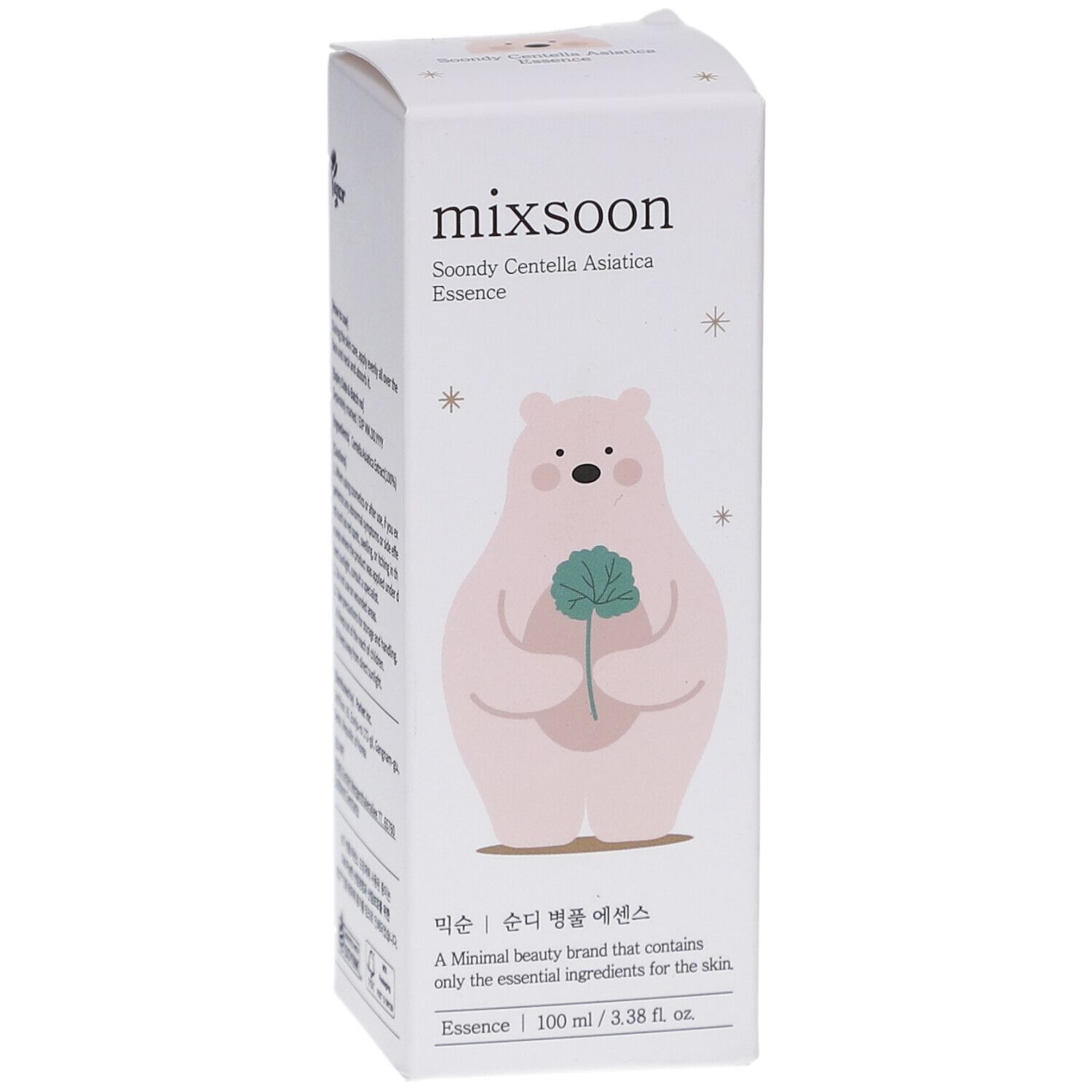 Scatola bianca con orso rosa. Testo: mixsoon, Soondy Centella Asiatica Essence. Logo vegan.