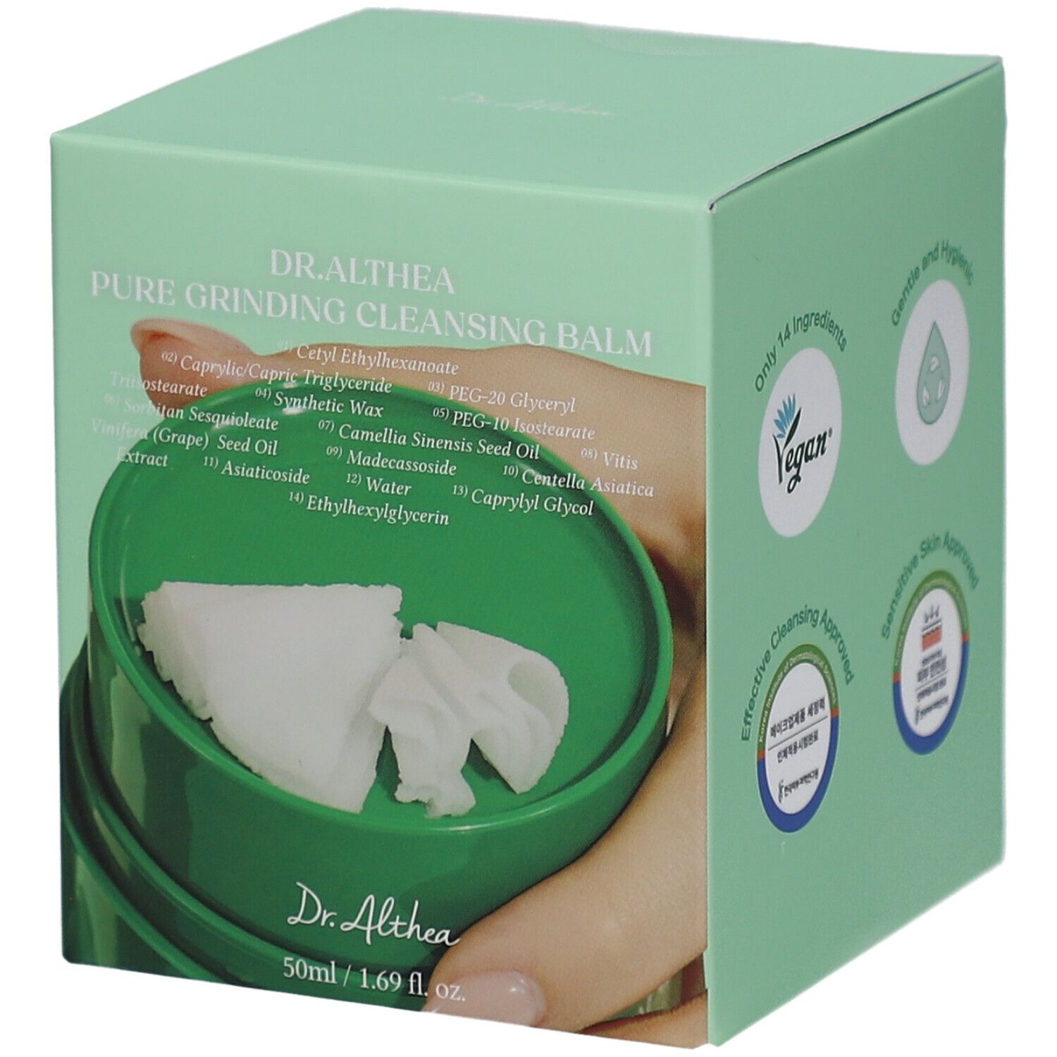 Confezione verde con nome del prodotto e ingredienti. Sigillo vegano. Prodotto in barattolo verde con salviette.