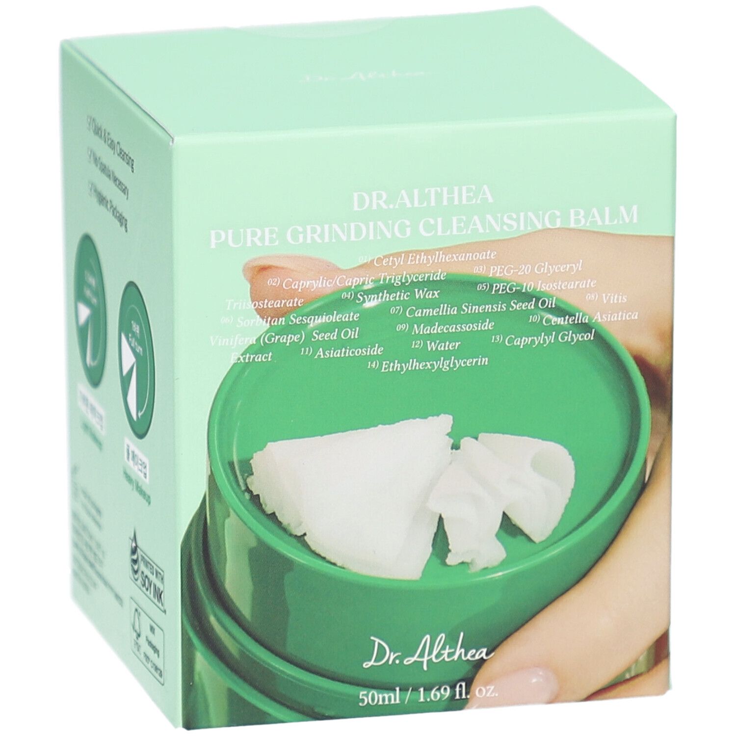 Contenitore verde con nome del prodotto e ingredienti. Contenuto netto 50ml/1.69 fl.oz. Dr. Althea.