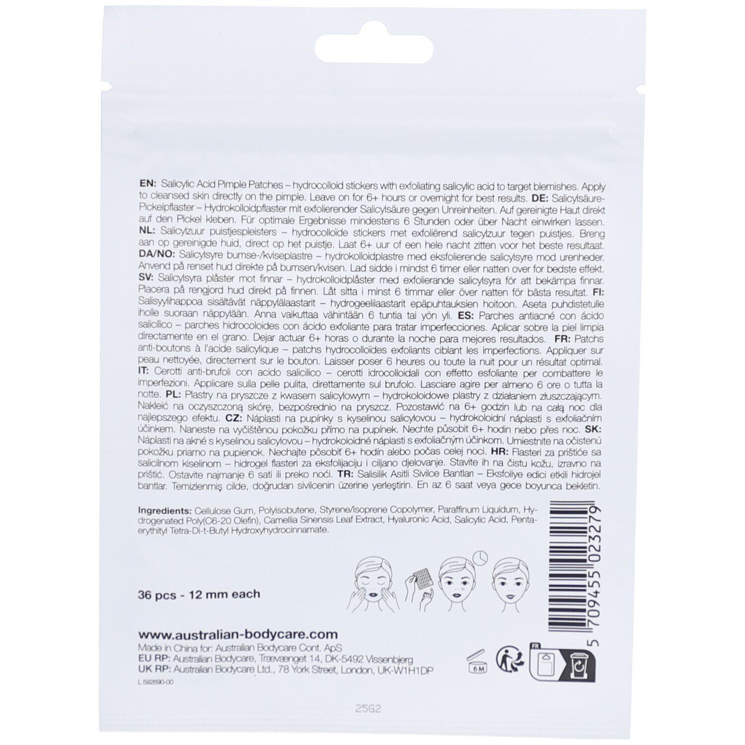 Retro della confezione. Contiene informazioni sugli ingredienti e l'uso. Marchio: Australian Bodycare.