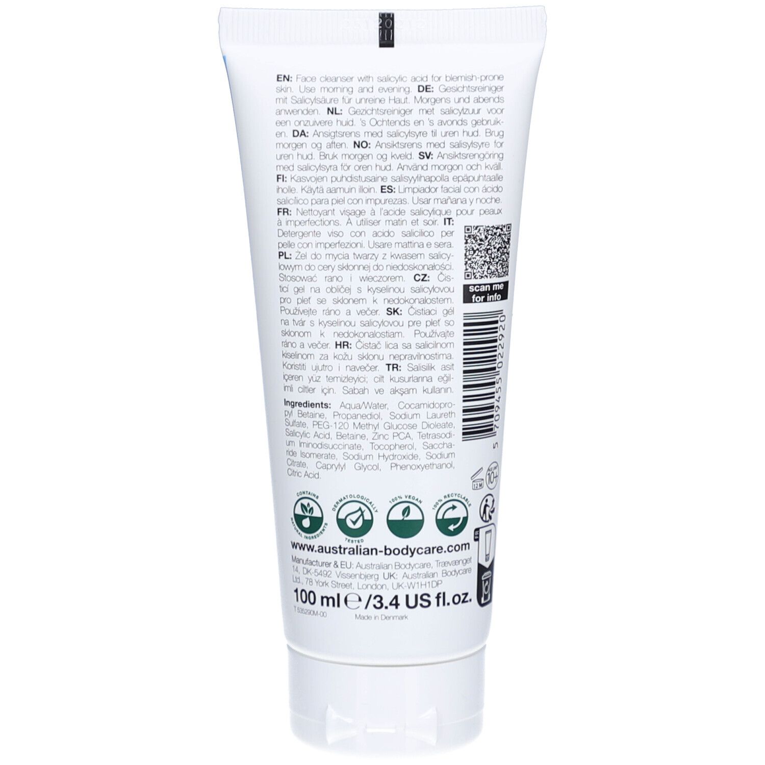 Tubo bianco con acido salicilico per pelli impure, 100 ml.
