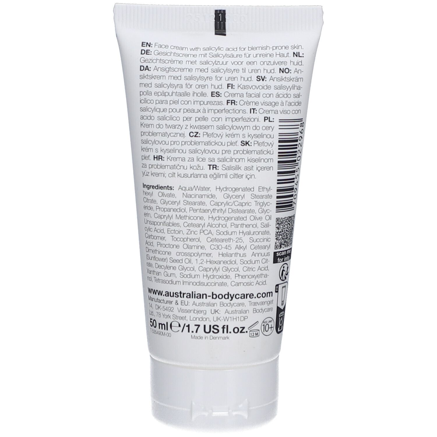 Retro del tubo di crema viso. Testo con ingredienti e istruzioni in più lingue. Marchio: Australian Bodycare.