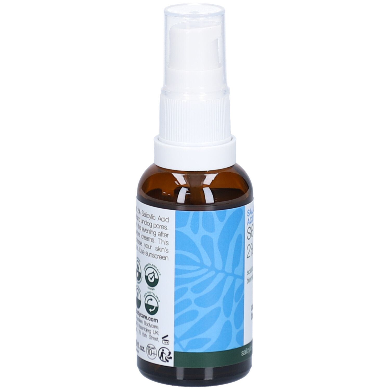 Flacone marrone con erogatore bianco. Etichetta con testo e loghi. Marchio: Australian Bodycare.