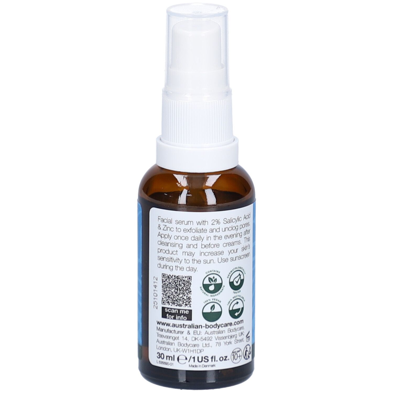 Flacone marrone con erogatore bianco. Etichetta con testo e loghi. Marchio: Australian Bodycare.