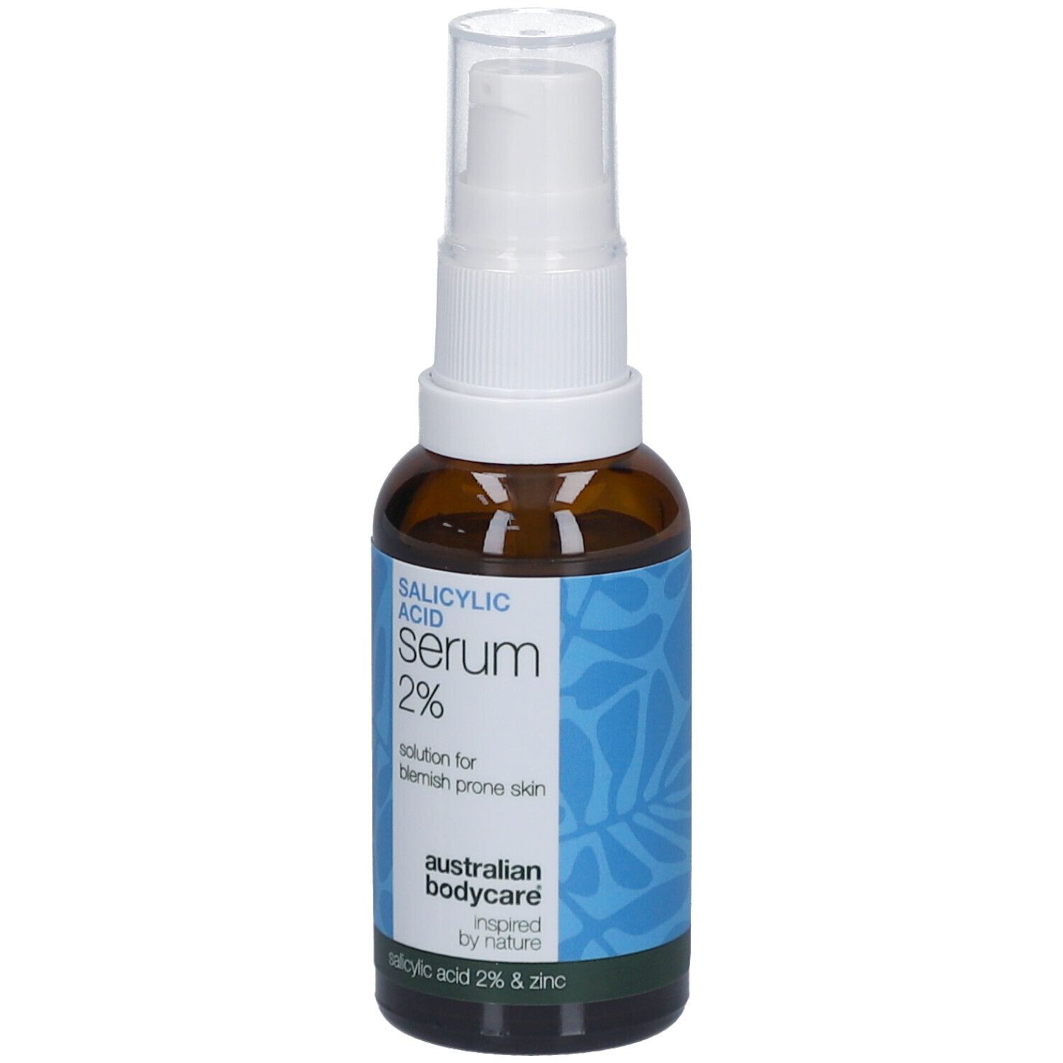 Flacone marrone con erogatore bianco. Etichetta: Siero acido salicilico 2%. Marchio: Australian Bodycare.