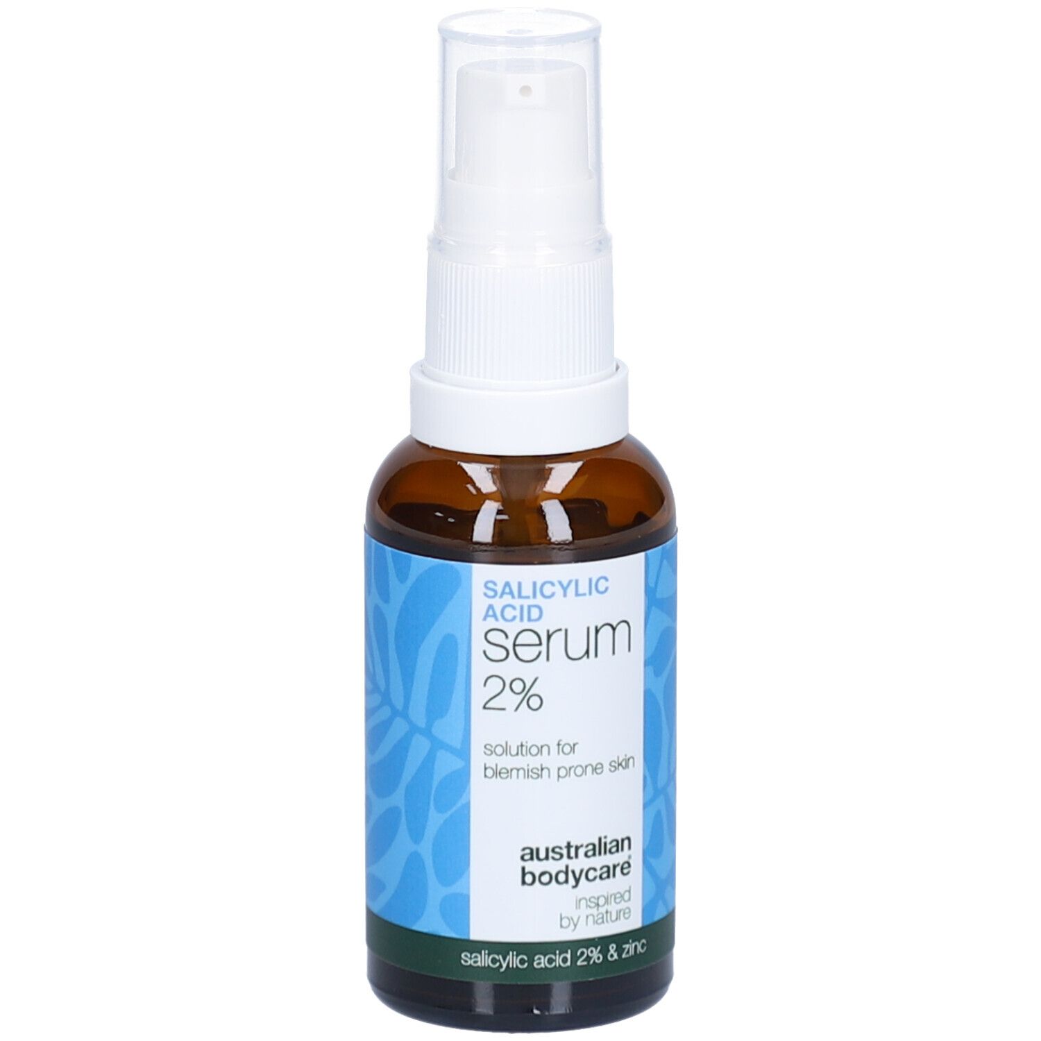 Flacone marrone con erogatore bianco. Etichetta: Siero acido salicilico 2%. Marchio: Australian Bodycare.