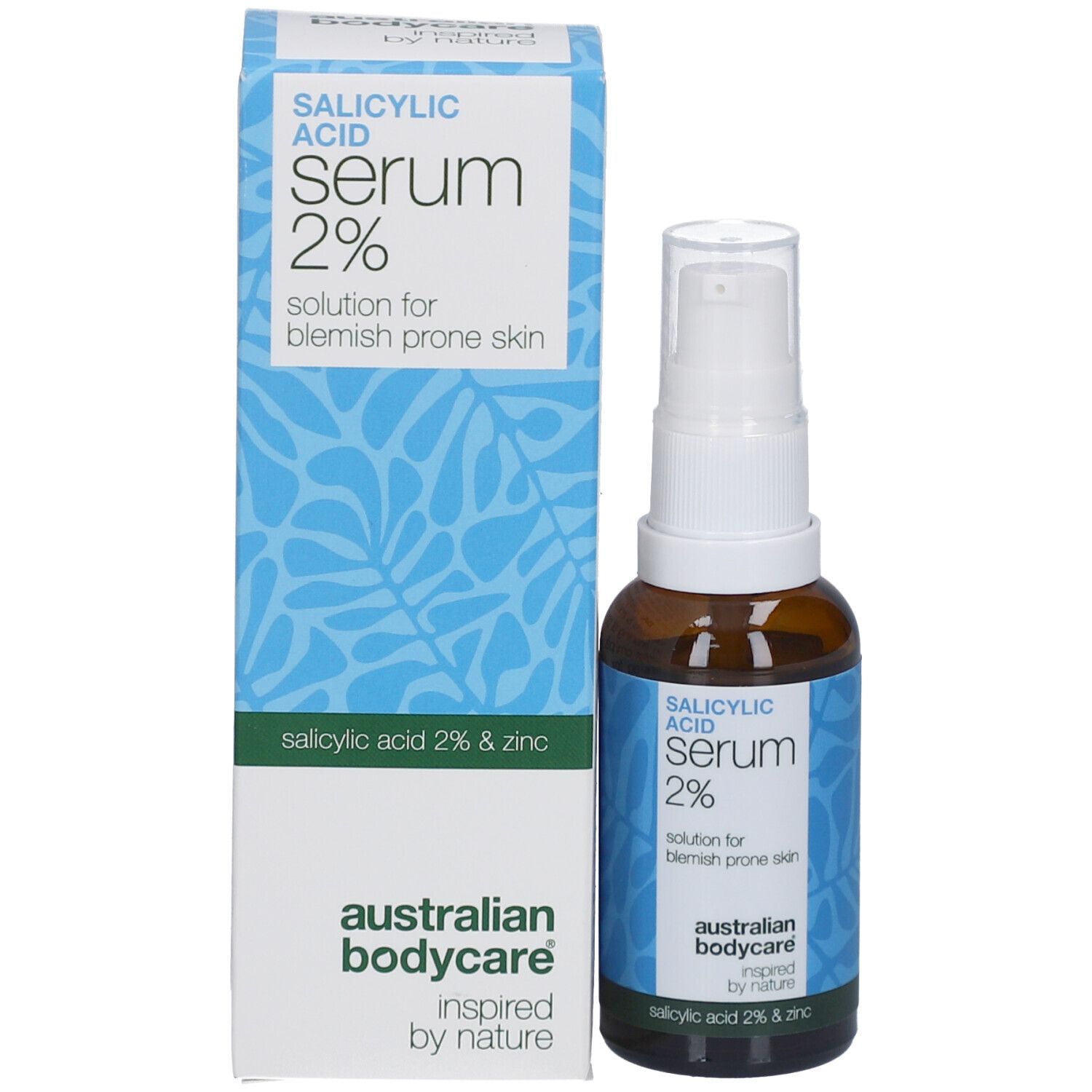 Confezione del prodotto con flacone. Testo: Siero acido salicilico 2%. Marchio: Australian Bodycare.