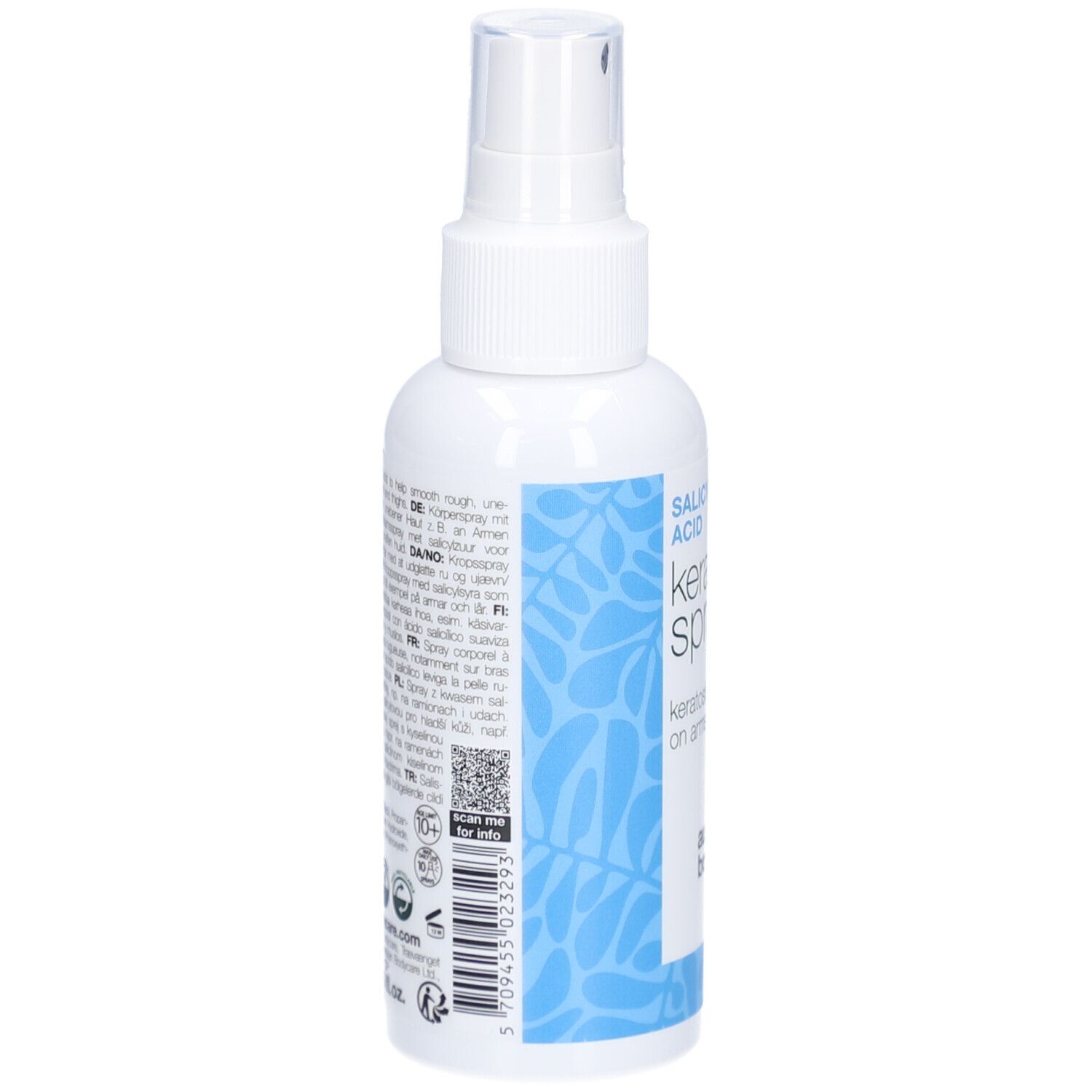 Flacone spray bianco. Testo: Acido salicilico, Keratosis Spray, Keratosis Pilaris. Retro con testo e codice QR.