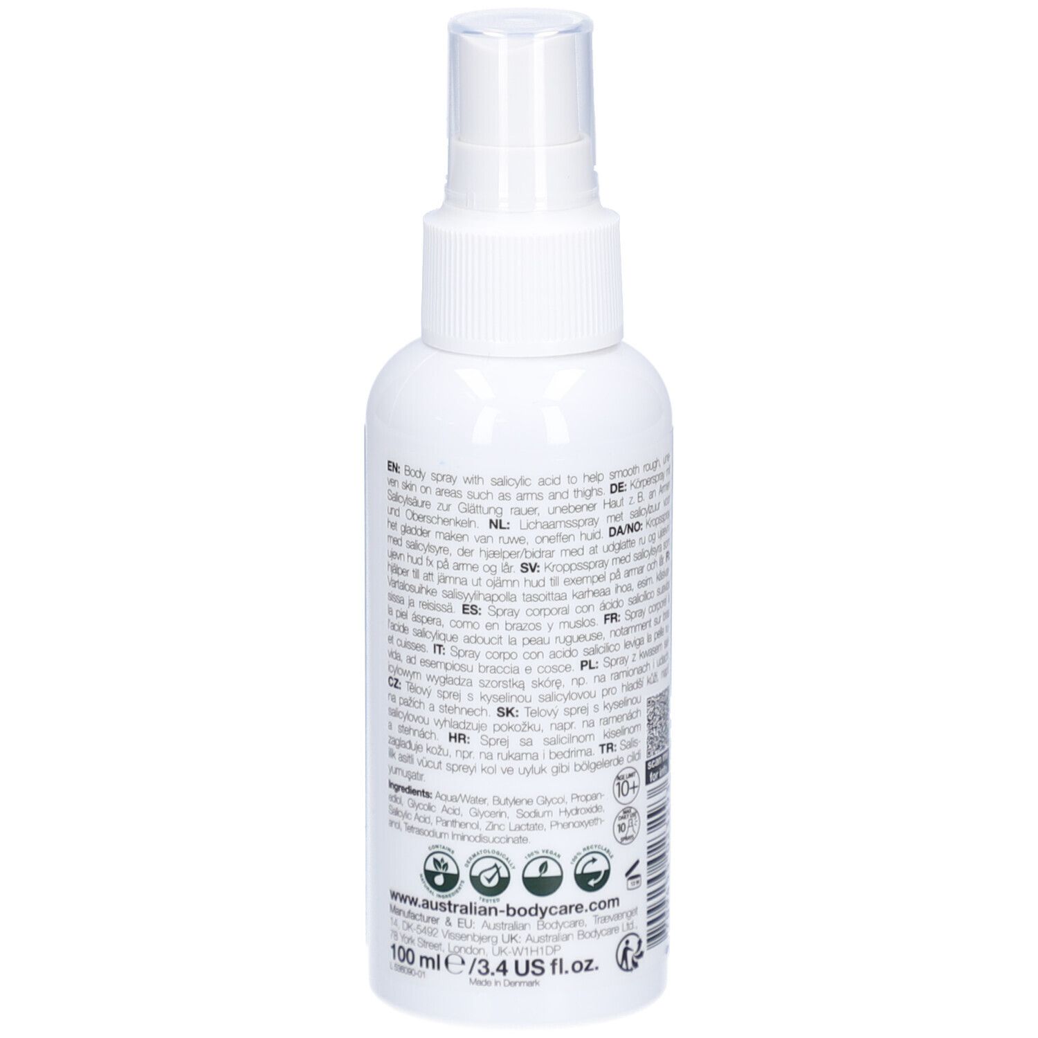 Flacone spray bianco. Testo: Acido salicilico, Keratosis Spray, Keratosis Pilaris. Scritta: 100 ml / 3.4 US fl. oz.