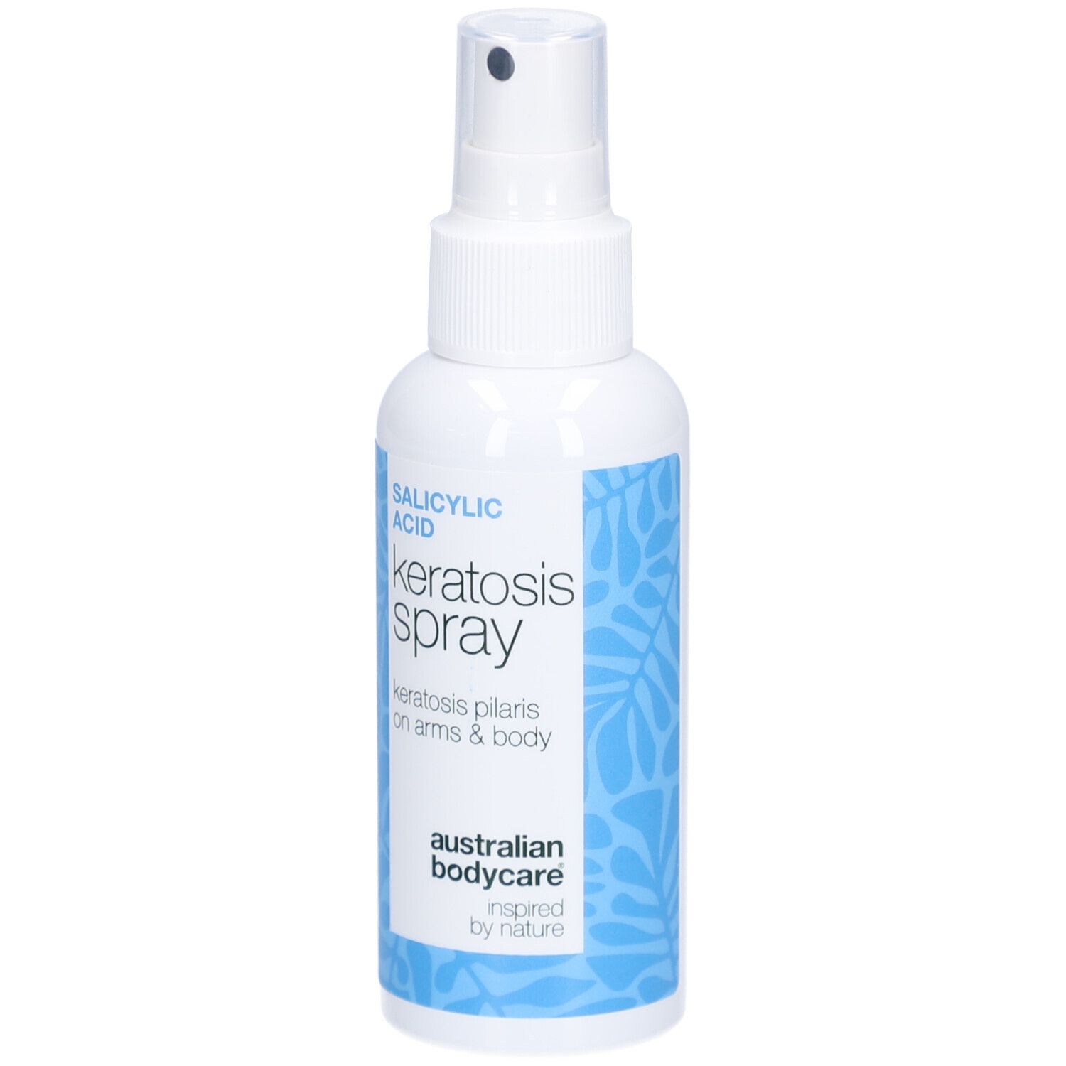 Flacone spray bianco. Testo: Acido salicilico, Keratosis Spray, Keratosis Pilaris. Marchio: Australian Bodycare.