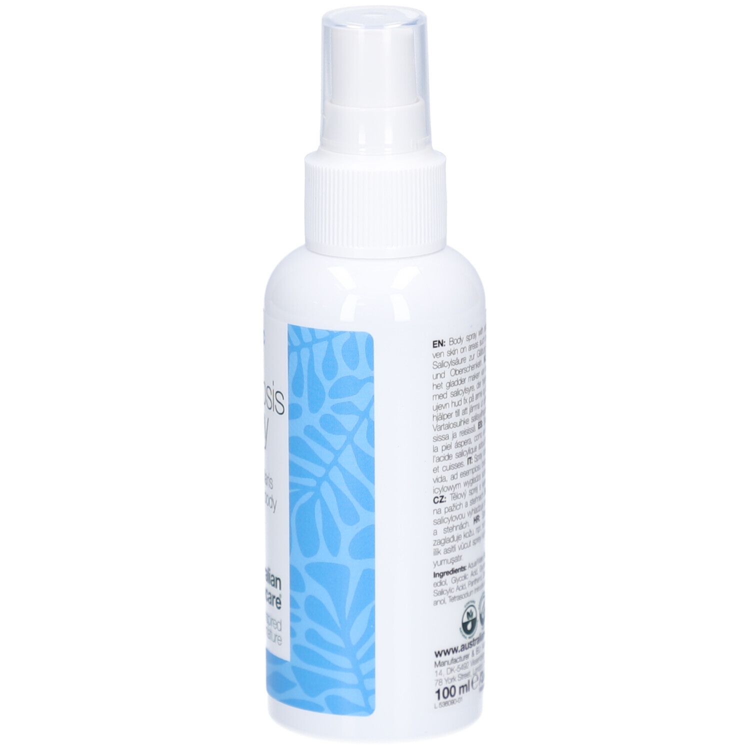 Flacone spray bianco. Testo: Acido salicilico, Keratosis Spray, Keratosis Pilaris. Scritta: 100 ml / 3.4 US fl. oz.
