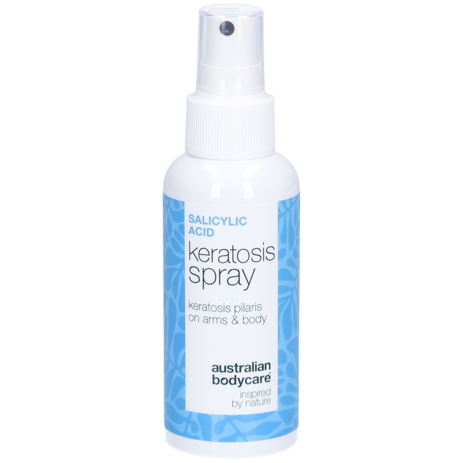 Flacone spray bianco. Testo: Acido salicilico, Keratosis Spray, Keratosis Pilaris. Marchio: Australian Bodycare.