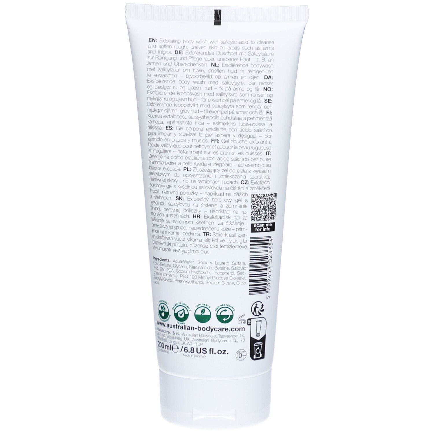 Tubo bianco con gel doccia esfoliante all'acido salicilico. 200 ml.