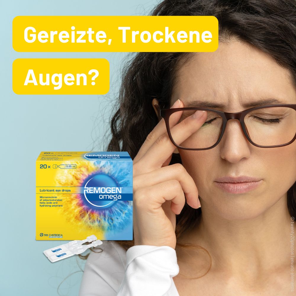 Donna con occhiali si sfrega l'occhio. Accanto: confezione REMOGEN® Omega e dose singola.