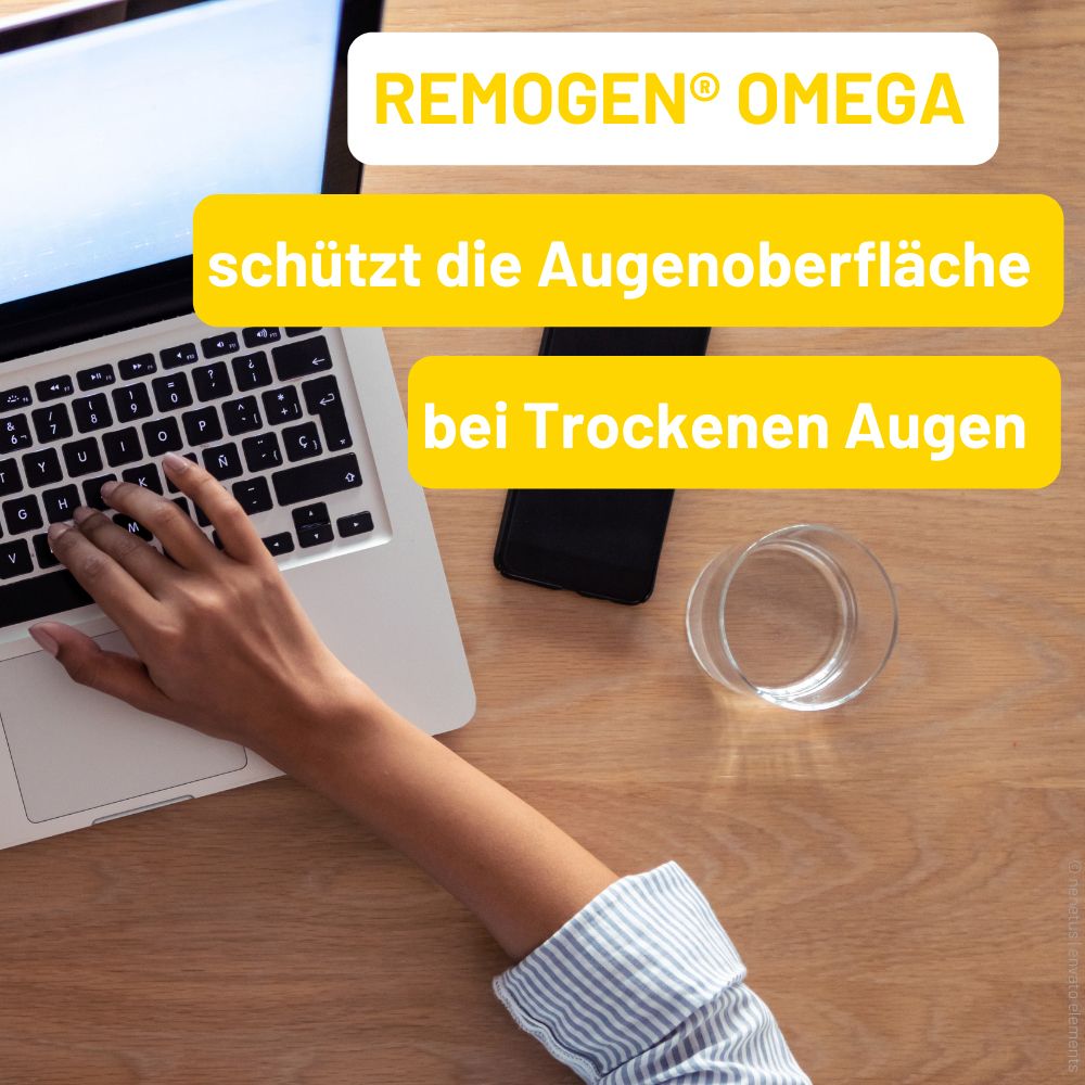 Persona che digita su un laptop. Accanto: bicchiere e smartphone. Testo: REMOGEN® Omega protegge la superficie oculare.