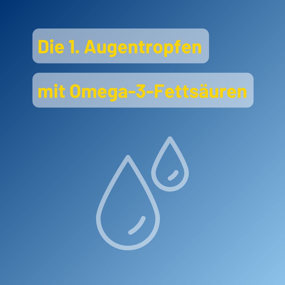 Grafica blu con gocce. Testo: Le prime gocce oculari con acidi grassi Omega-3.