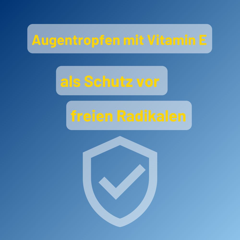 Grafica blu con scudo. Testo: Collirio con vitamina E per proteggere dai radicali liberi.