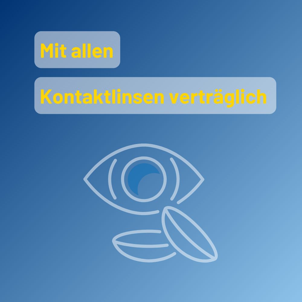 Grafica blu con occhio e lenti a contatto. Testo: Compatibile con tutte le lenti a contatto.