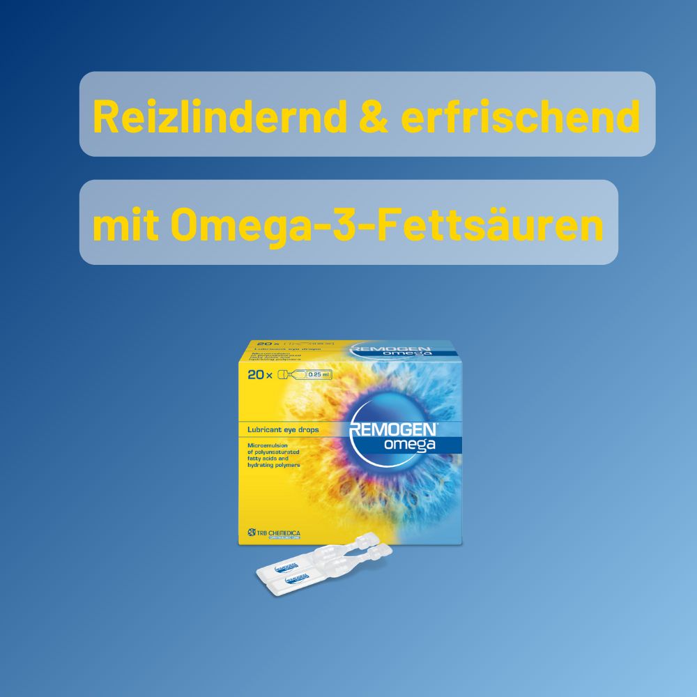 Confezione REMOGEN® Omega e dose singola. Testo: Lenitivo e rinfrescante con acidi grassi Omega-3.