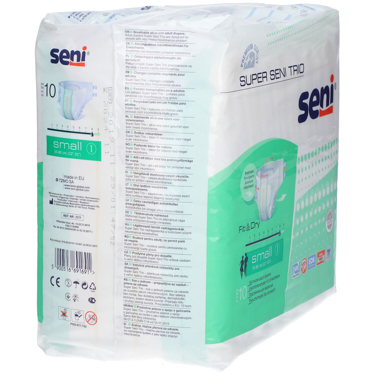 Retro della confezione Super Seni Trio. Informazioni testuali, immagine del prodotto e indicazione della taglia. Marchio Seni.