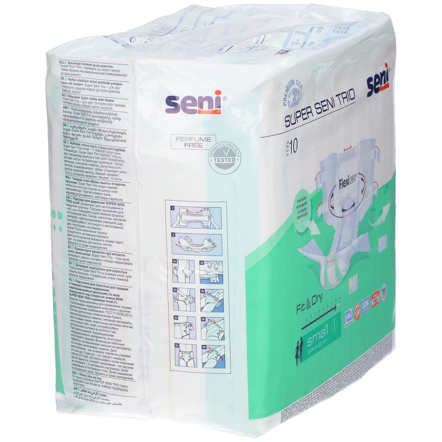 Confezione Super Seni Trio. Immagine del prodotto, indicazione della taglia ed esempi di utilizzo. Marchio Seni.