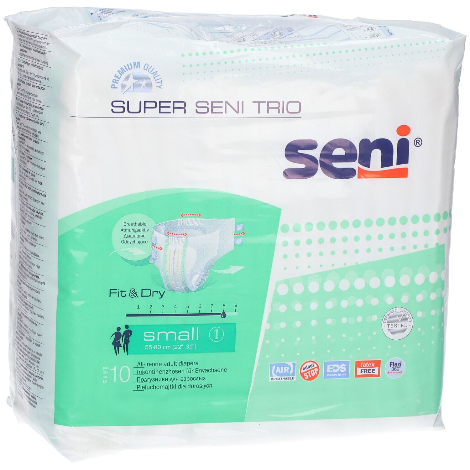 Confezione di Super Seni Trio. Immagine del prodotto, indicazione della taglia e marchio Seni. 10 pezzi.