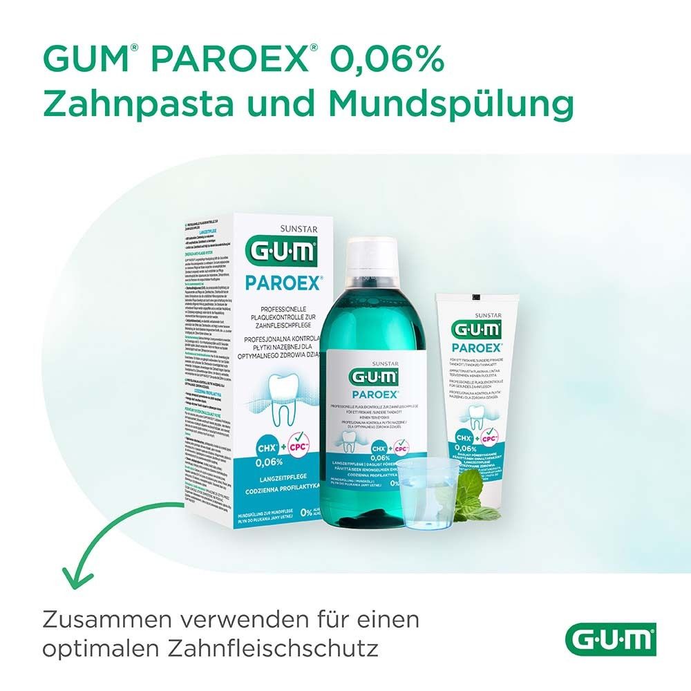 GUM Paroex 0,06% dentifricio e collutorio. Usare insieme per una protezione ottimale delle gengive.