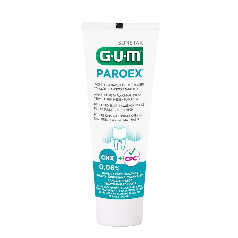 Tubo di dentifricio bianco. GUM Paroex 0,06%. Testo verde e blu. Logo CHX + CPC. Per denti e gengive sani.