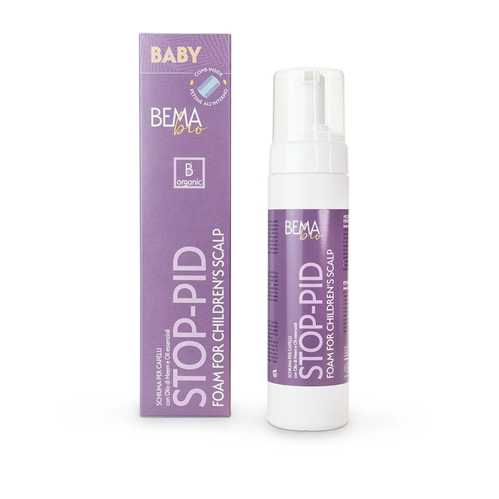 BEMA Bio STOP-PID schiuma per bambini. Flacone e scatola. Viola e bianco. Logo baby. Contiene oli essenziali.