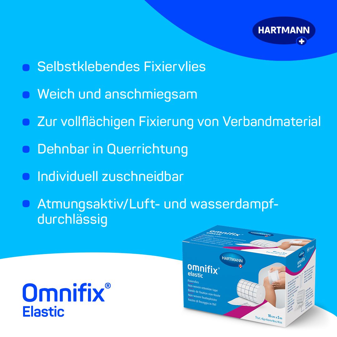 Infografica con le caratteristiche di Omnifix Elastic: autoadesivo, morbido, elastico, traspirante. Scatola del prodotto sullo sfondo.