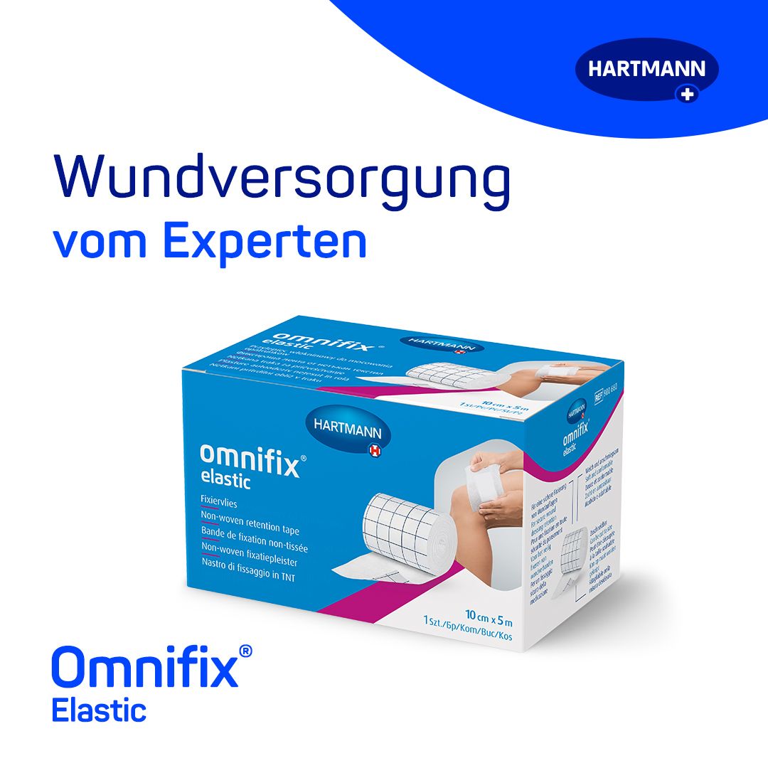 Scatola del prodotto Omnifix Elastic. Contiene un rotolo di fissaggio. Testo: Cura delle ferite da esperti.