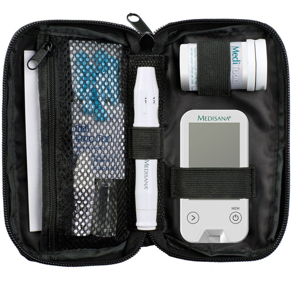 Custodia nera con glucometro, pungidito, strisce reattive e accessori. Marchio: Medisana.