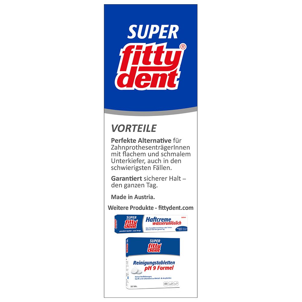 Retro della confezione Fittydent Haftungseinlagen. Informazioni sui vantaggi e altri prodotti.