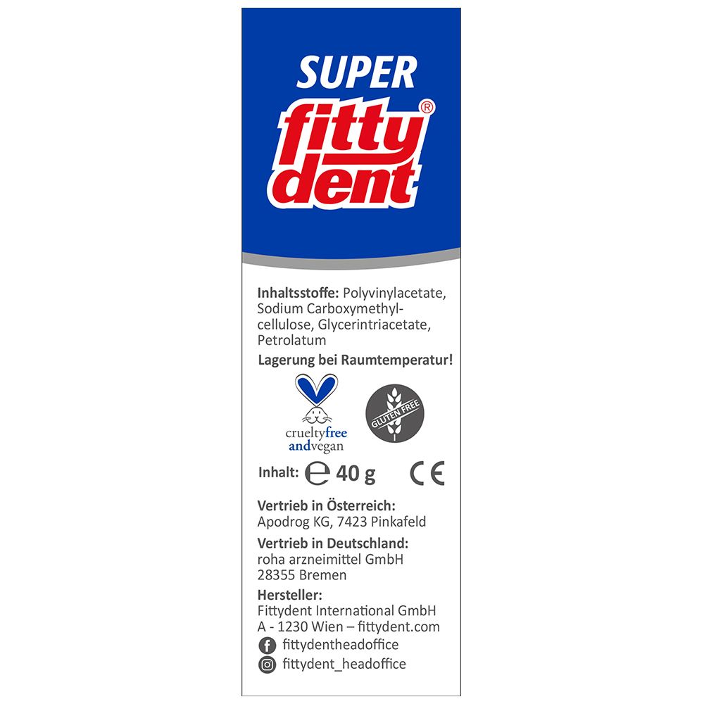 Retro della confezione Fittydent Haftungseinlagen. Ingredienti, istruzioni di conservazione e contatti.