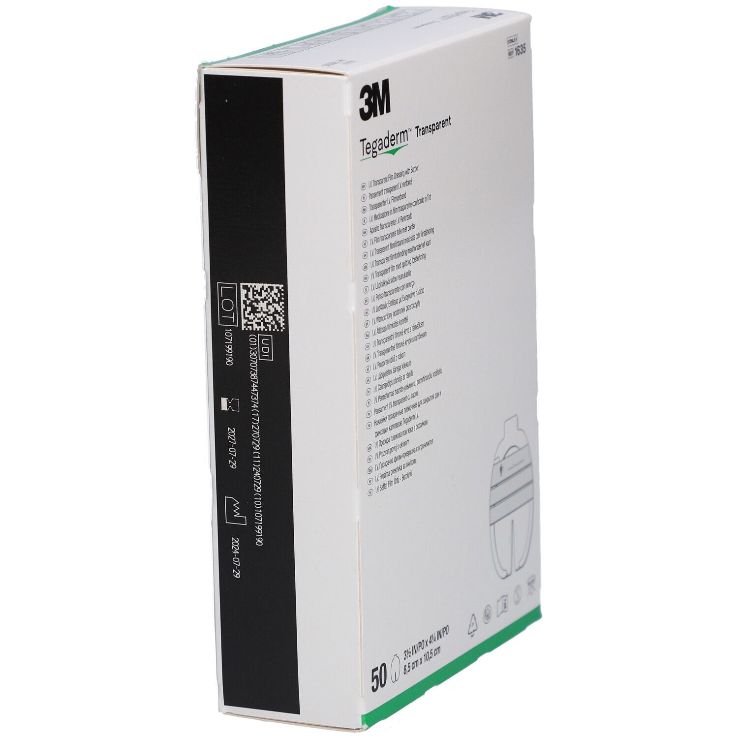 Confezione 3M Tegaderm Transparent. Sul lato: numero di lotto, data di scadenza, codice QR.