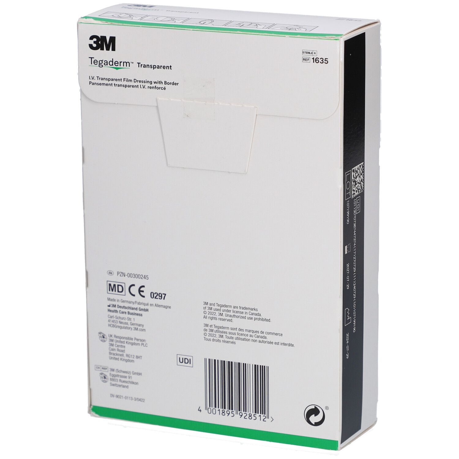 Retro della confezione 3M Tegaderm Transparent. Contiene informazioni, codice UDI e marchio CE.