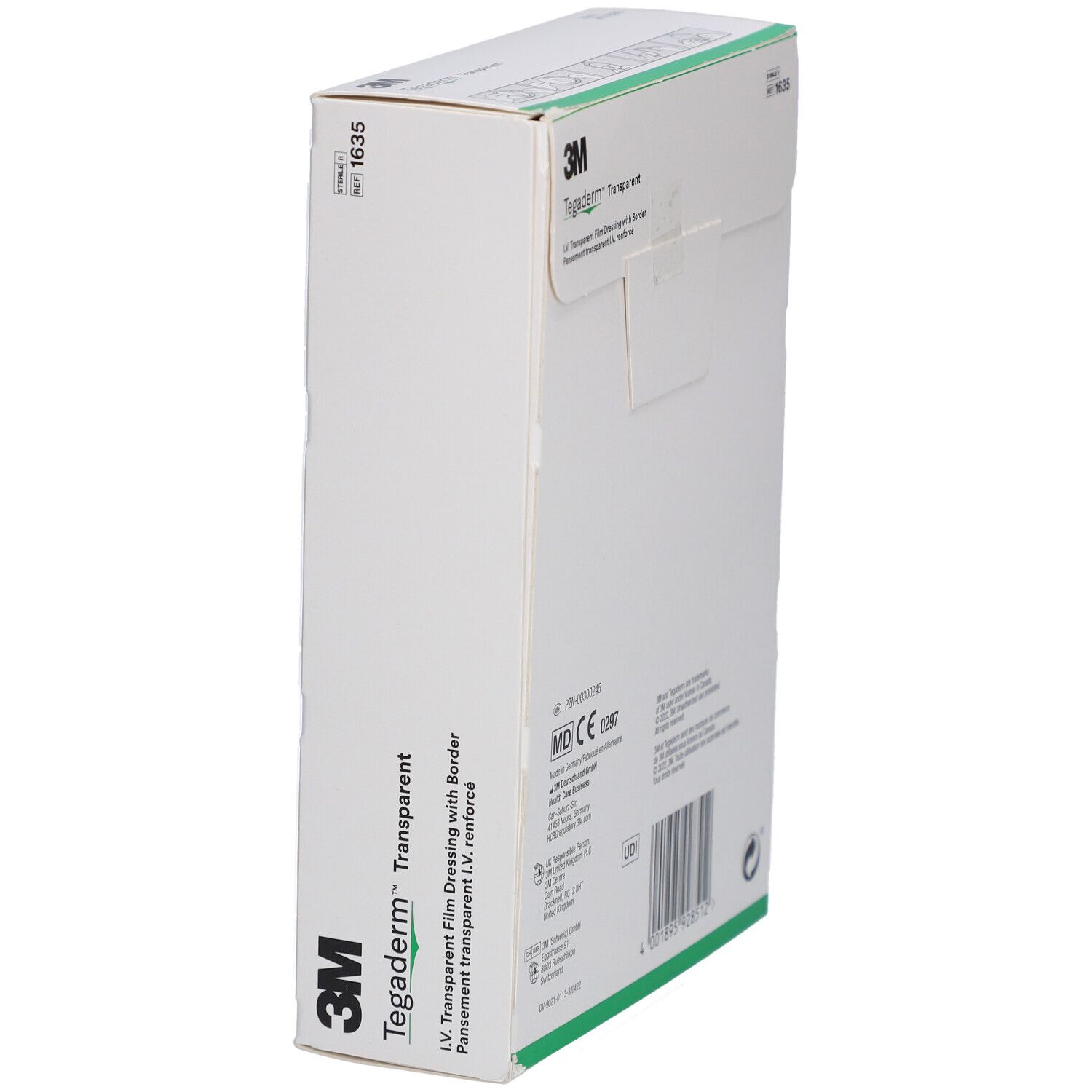 Vista laterale della confezione 3M Tegaderm Transparent. Nome del prodotto e marchio CE visibili.
