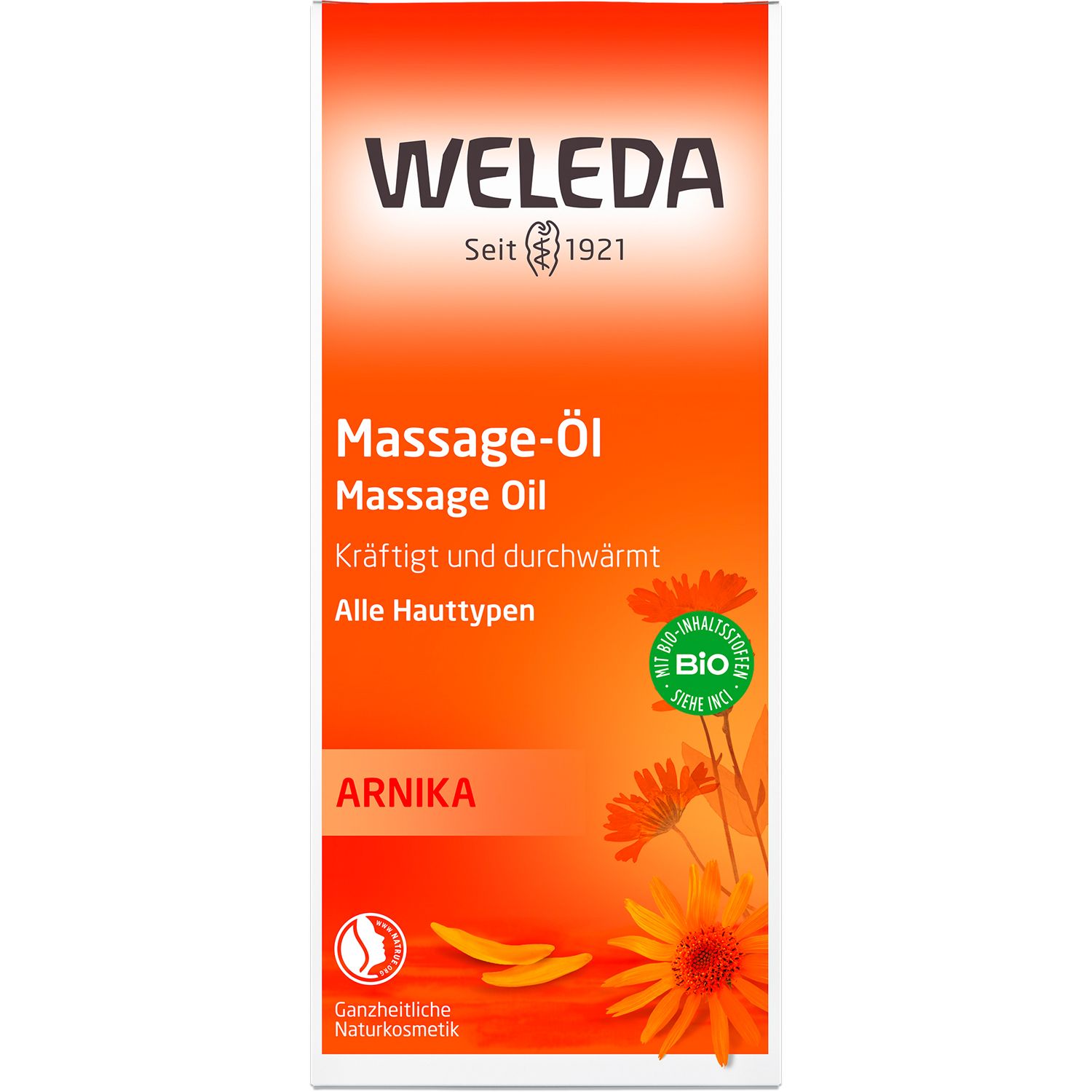 Weleda Massage-Öl, Arnika. Confezione bianca con etichetta arancione. Testo e illustrazione floreale.